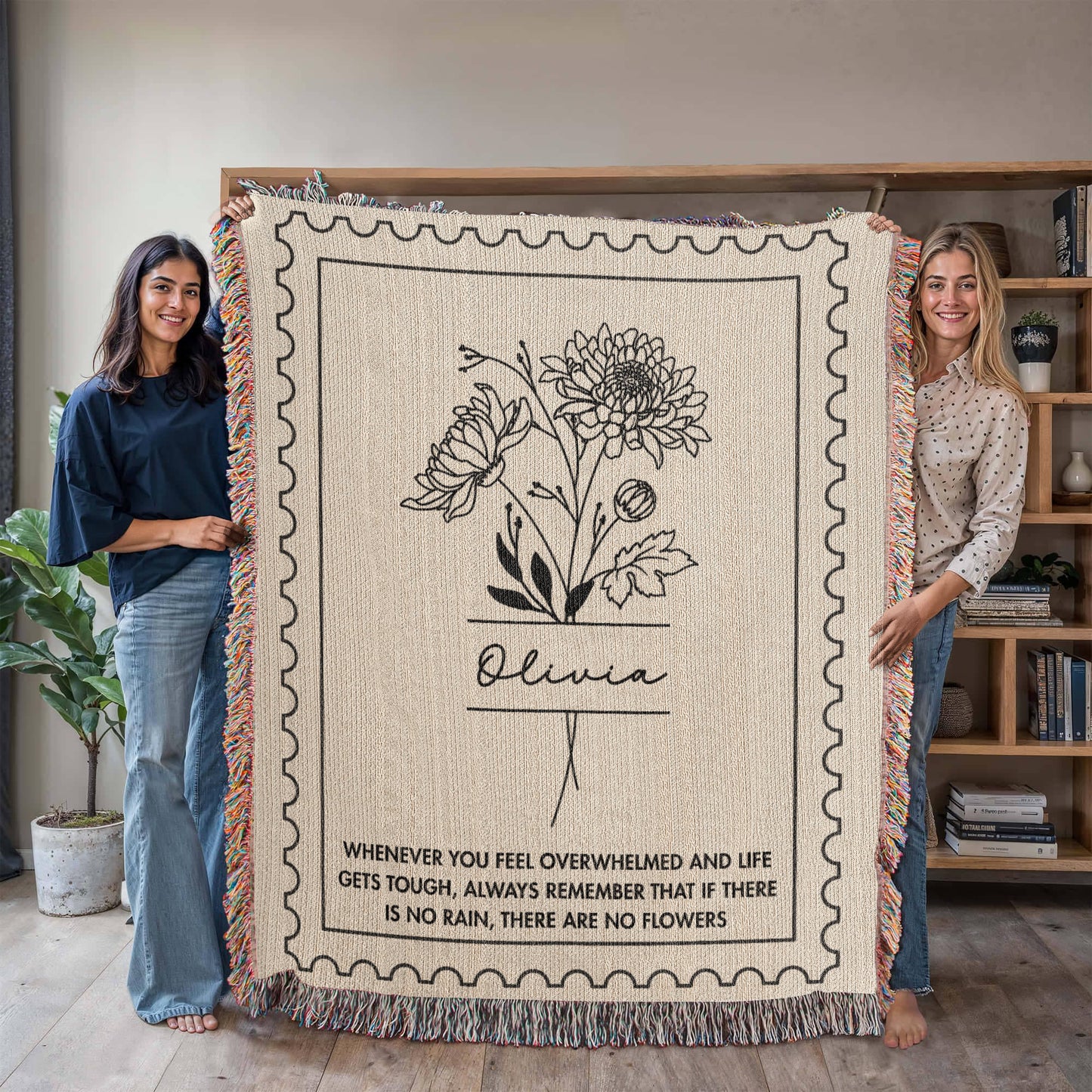 Custom Name and Birth Flower No Rain No Flowers Cotton Woven Blanket Gift for Her
