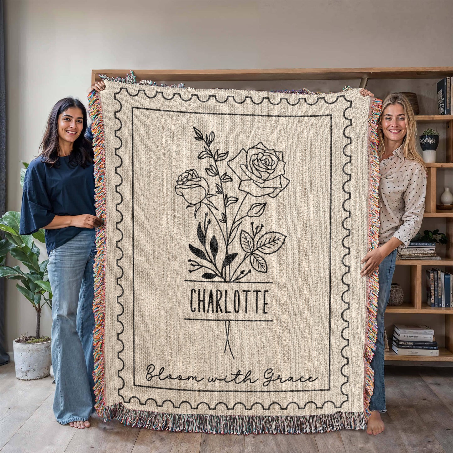 Personalized Name and Birth Flower Cotton Blanket, Unique Birthday Gift For Her, Daughter, Granddaughter, Niece, Teen Girl Gifts