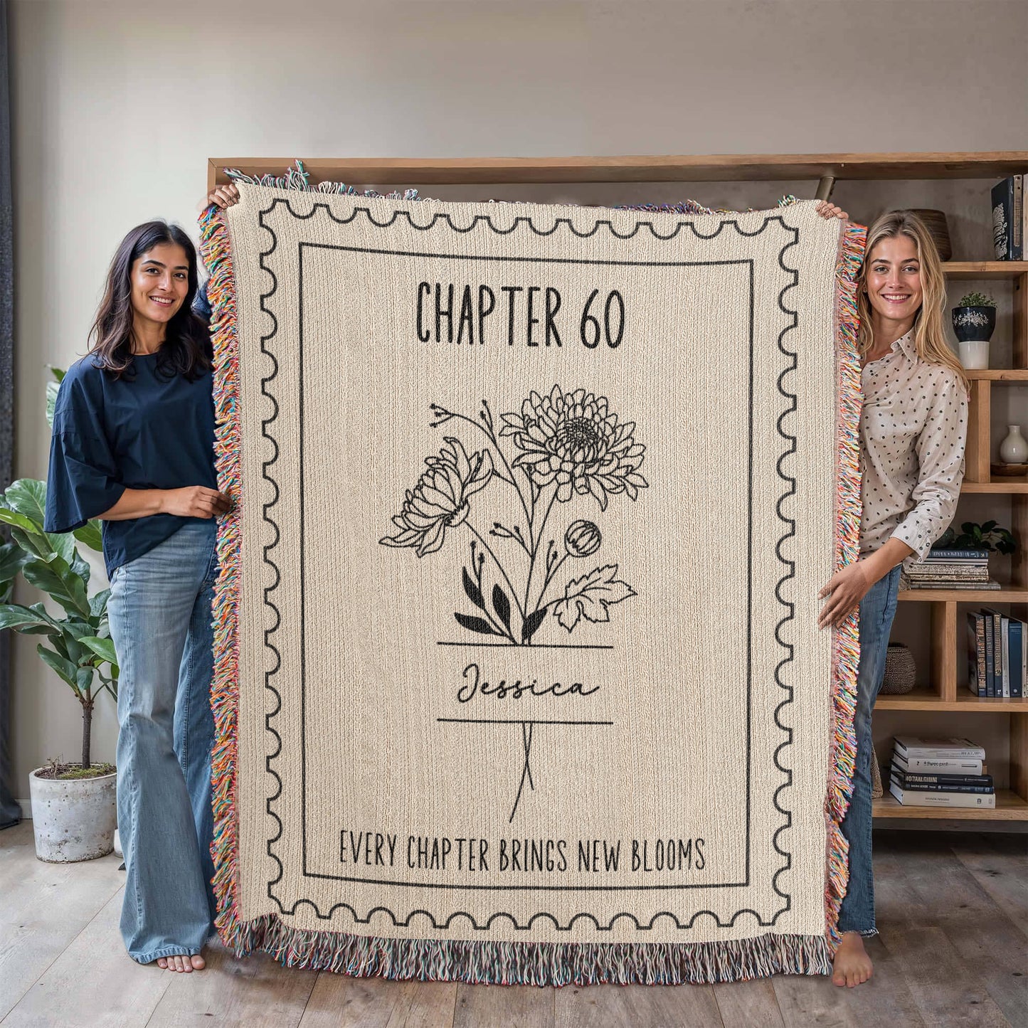 60th Birthday Gift for Women,  Birthday Month Flower Chapter 60 Name Reading Blanket, Personalized 60 Years Old Birthday Present