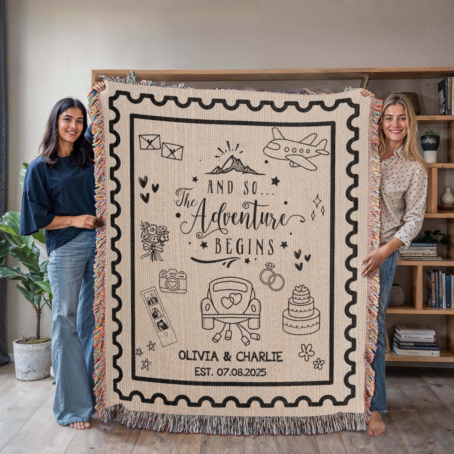 Personalized Wedding Blanket, Custom Names Wedding Gift Woven Throw, Hand Drawn Wedding Stamp Gift, Travel Gifts for Couple Keepsake, Wedding Souvenir