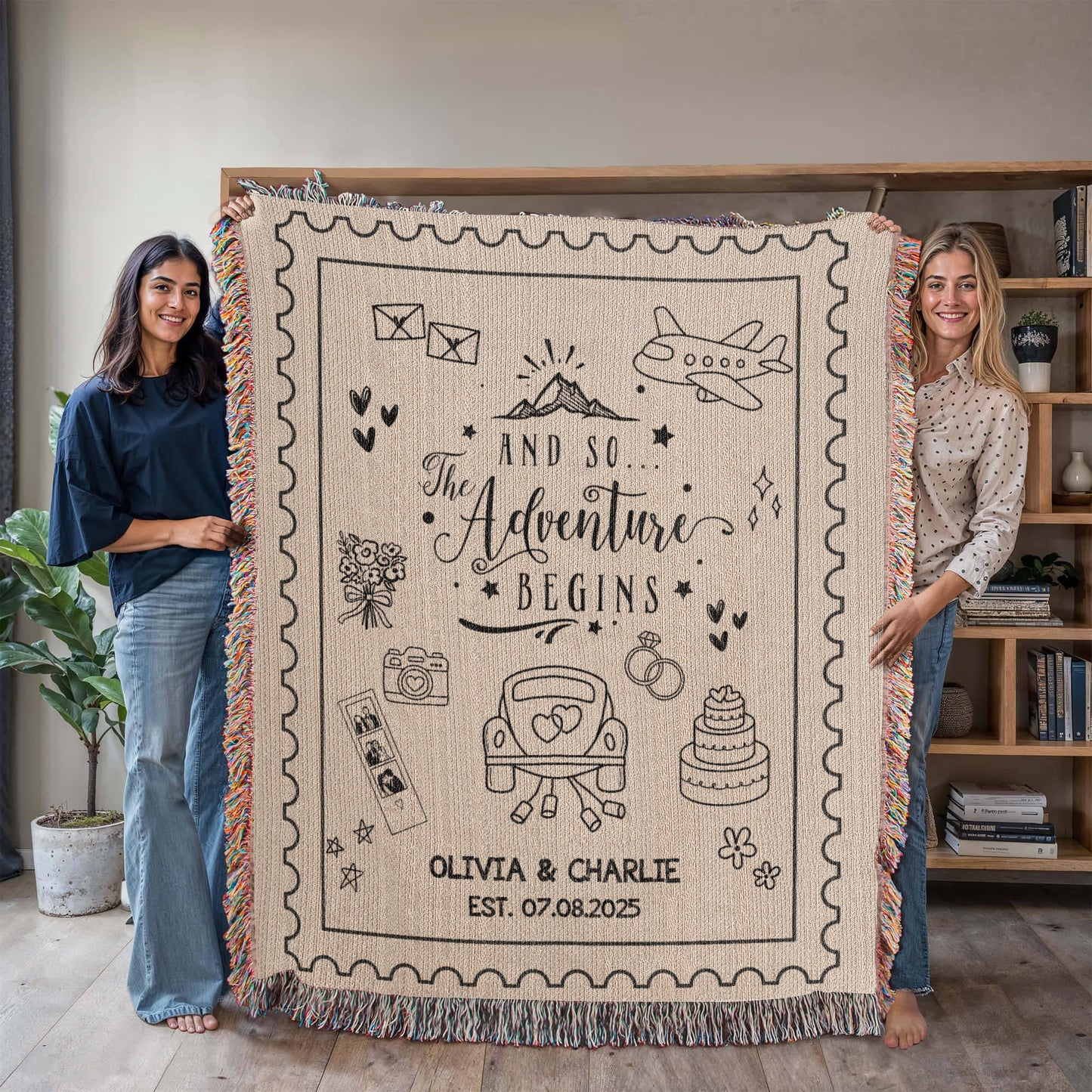 Custom Name Wedding Blanket, Personalized Woven Throw Gift for Couple, Cotton Anniversary Keepsake, Adventure Begins Blanket