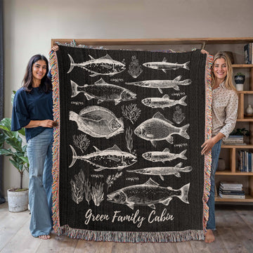 Personalized Vintage Freshwater Gamefish Woven Blanket Rustic Cabin Lodge Decor Fishing Wall Art Tapestry Lake House Fisherman Decor Housewarming