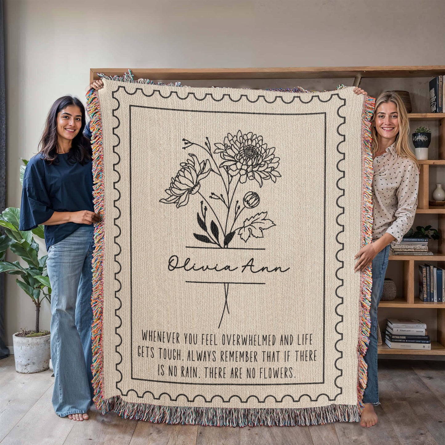 Personalized Birth Flower & Name Woven Blanket | 100% Cotton Throw