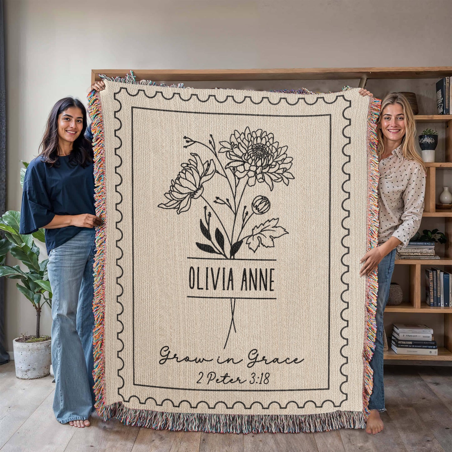 Grow in Grace Personalized Birth Month Flower Cotton Blanket, 2 Peter 3:18 Bible Verse Gift for Her, Christian Gifts for Women, Faith, Jesus