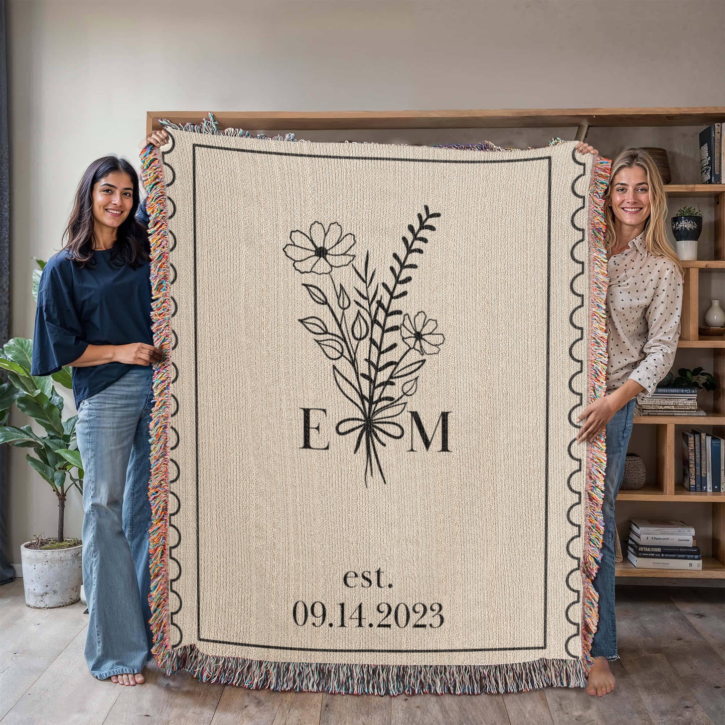 Custom Cotton Anniversary Blanket | Personalized Throw with Initials & Established Date | Wedding Keepsake or Christmas Gift for Couples