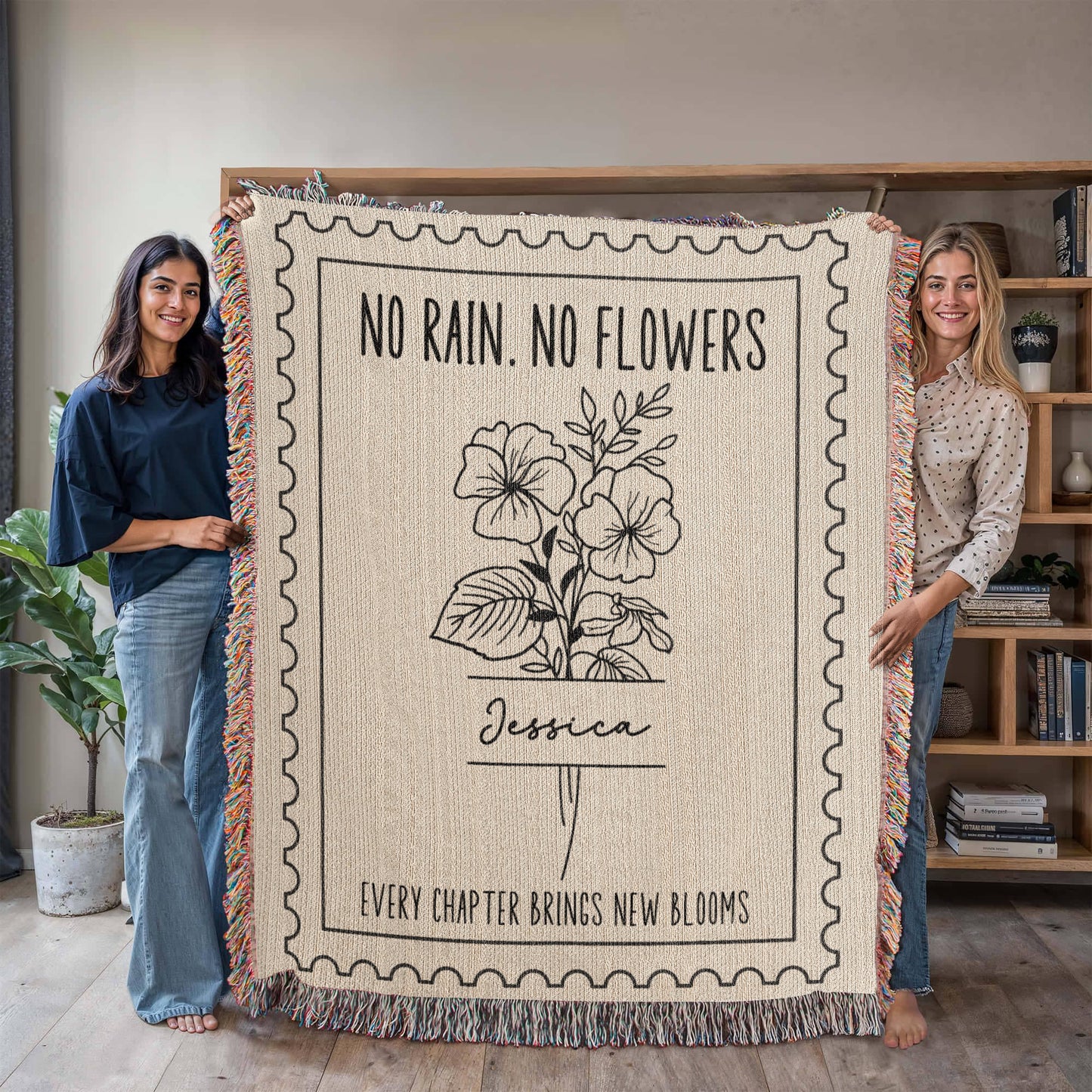 Personalized Birth Flower Cotton Woven Comfort Blanket: Birth Month Flower Gifts for Her