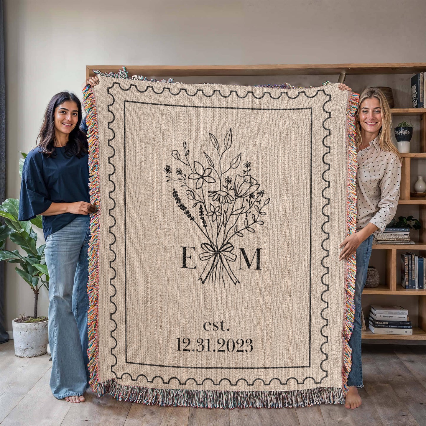 Personalized Cotton Anniversary Blanket | Custom Wedding Throw with Initials & Date | Romantic Christmas Gift for Couples or Wife