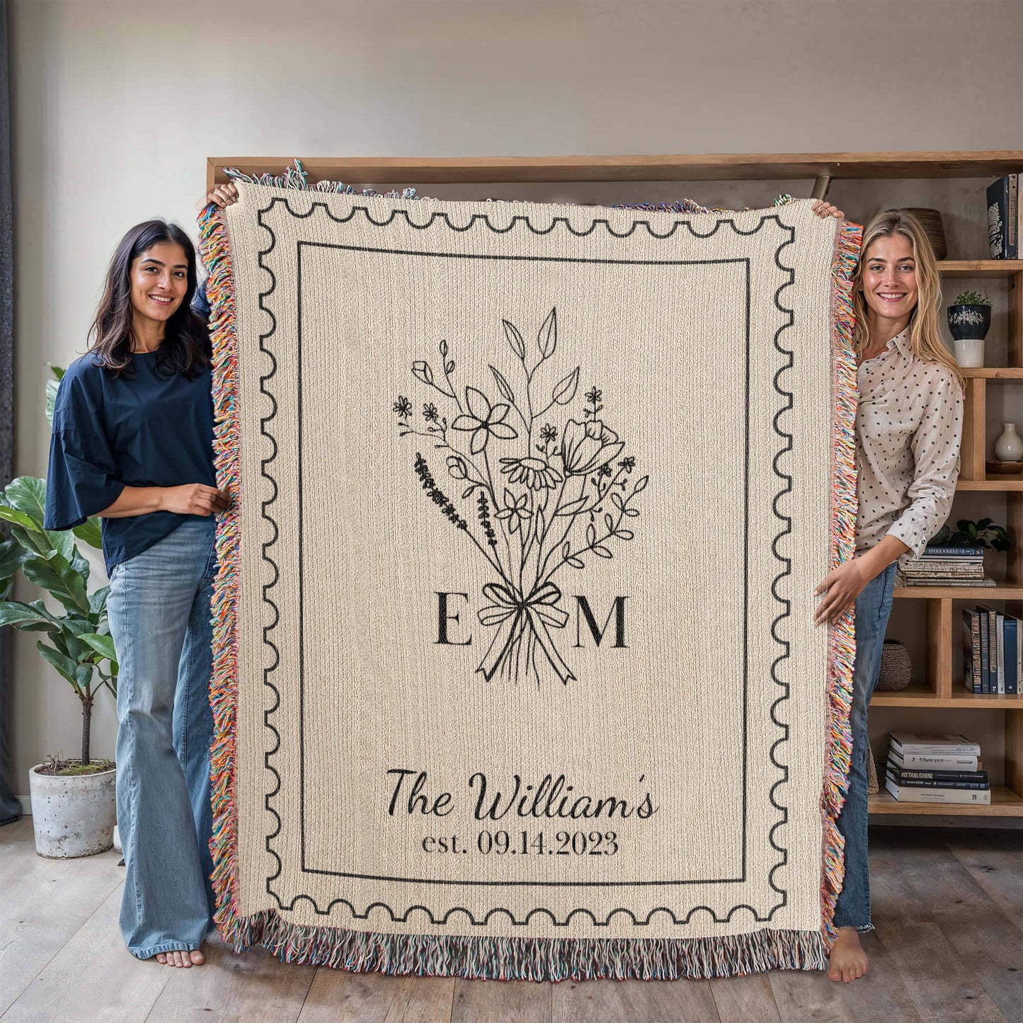 Custom Cotton Anniversary Gift Throw Blanket Second Anniversary Gift for Wife or Husband | Gift for Couples Initials Established Date Wedding Gift
