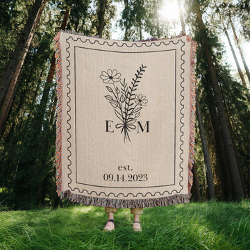 Custom Cotton Anniversary Blanket | Personalized Throw with Initials & Established Date | Wedding Keepsake or Christmas Gift for Couples