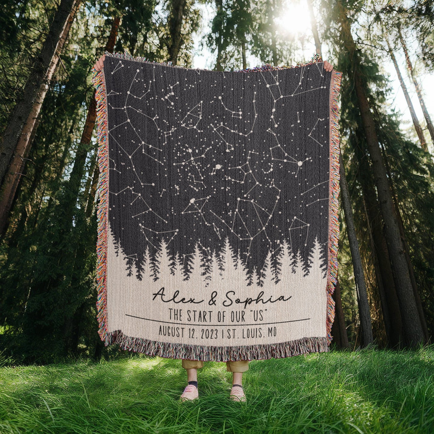 Personalized Wedding Woven Blanket, Custom Star Map Throw with Names, Night Sky Special Date, Outdoors Lovers Gift, Cotton Anniversary Gift