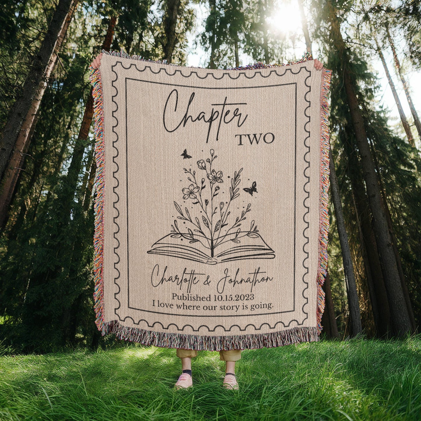 Personalized Book Lover Anniversary Blanket, Customized 100% Cotton Throw with Chapter and Wildflowers, Couple Names Woven Blanket Wedding Gift
