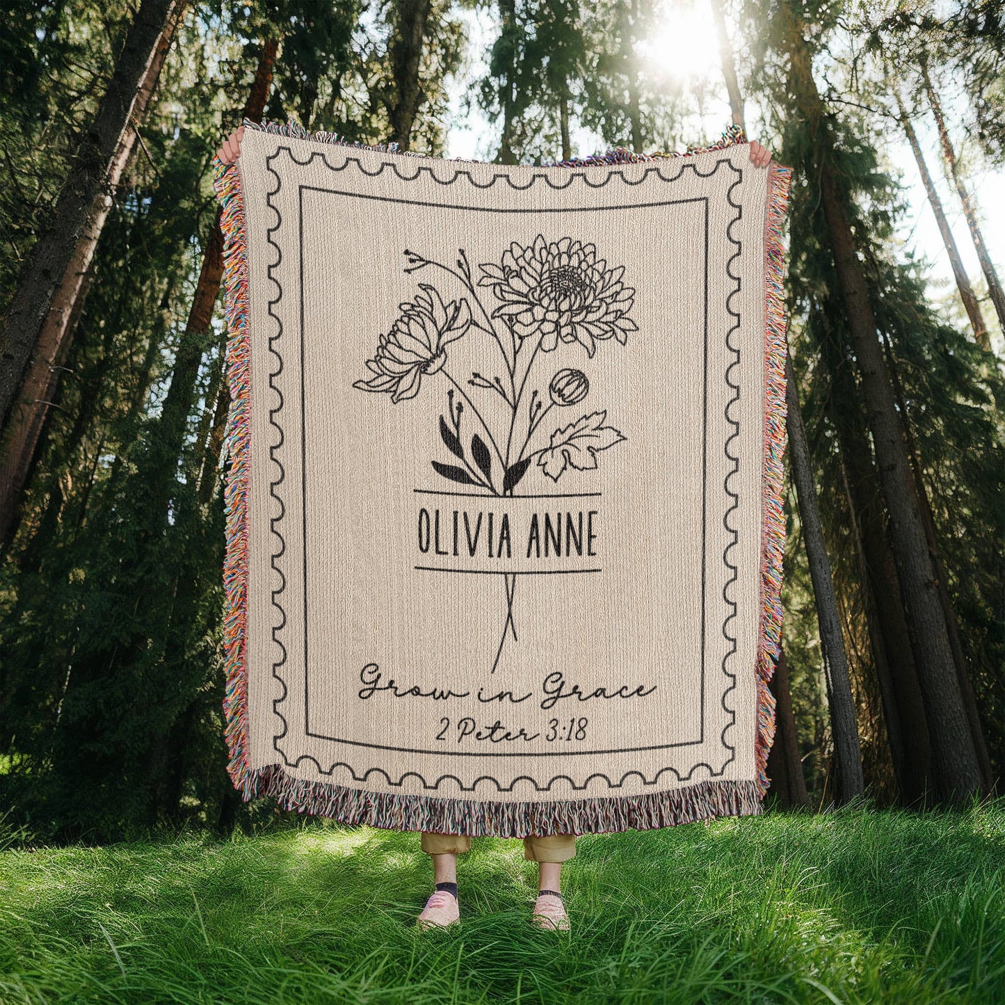 Grow in Grace Personalized Birth Month Flower Cotton Blanket, 2 Peter 3:18 Bible Verse Gift for Her, Christian Gifts for Women, Faith, Jesus