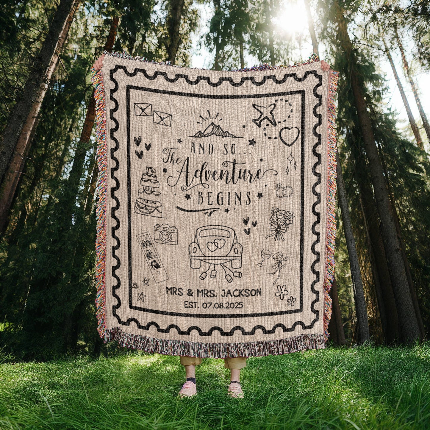 Custom Adventure Lovers Gifts Wedding Blanket, Personalized Woven Throw, Hand Drawn Wedding Stamp Gift, Travel Couple Keepsake, Wedding Souvenir