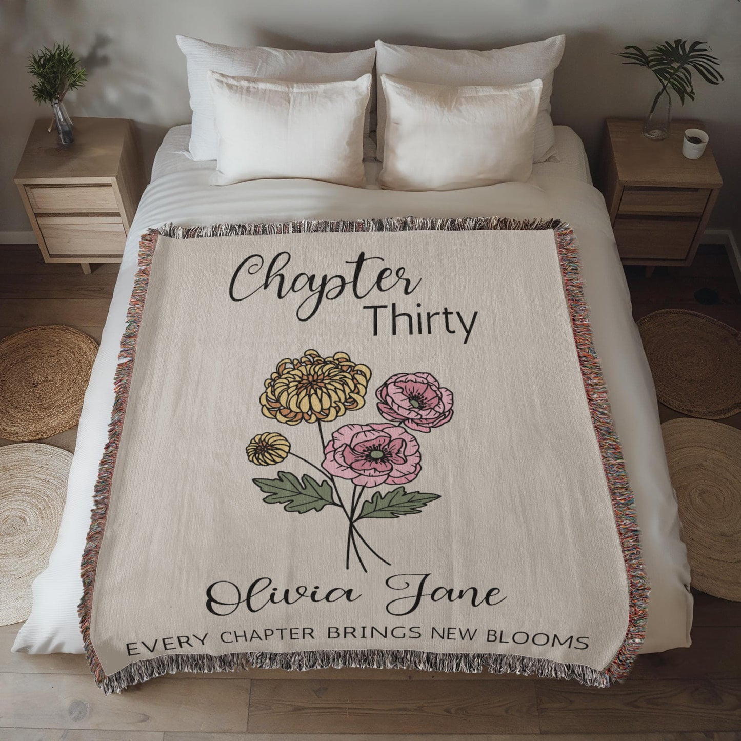 30th Birthday Gift for Her or Him, Chapter 30 Name Blanket, Birth Flower Present, Personalized Gift for 30 Year Old Woman or Daughter