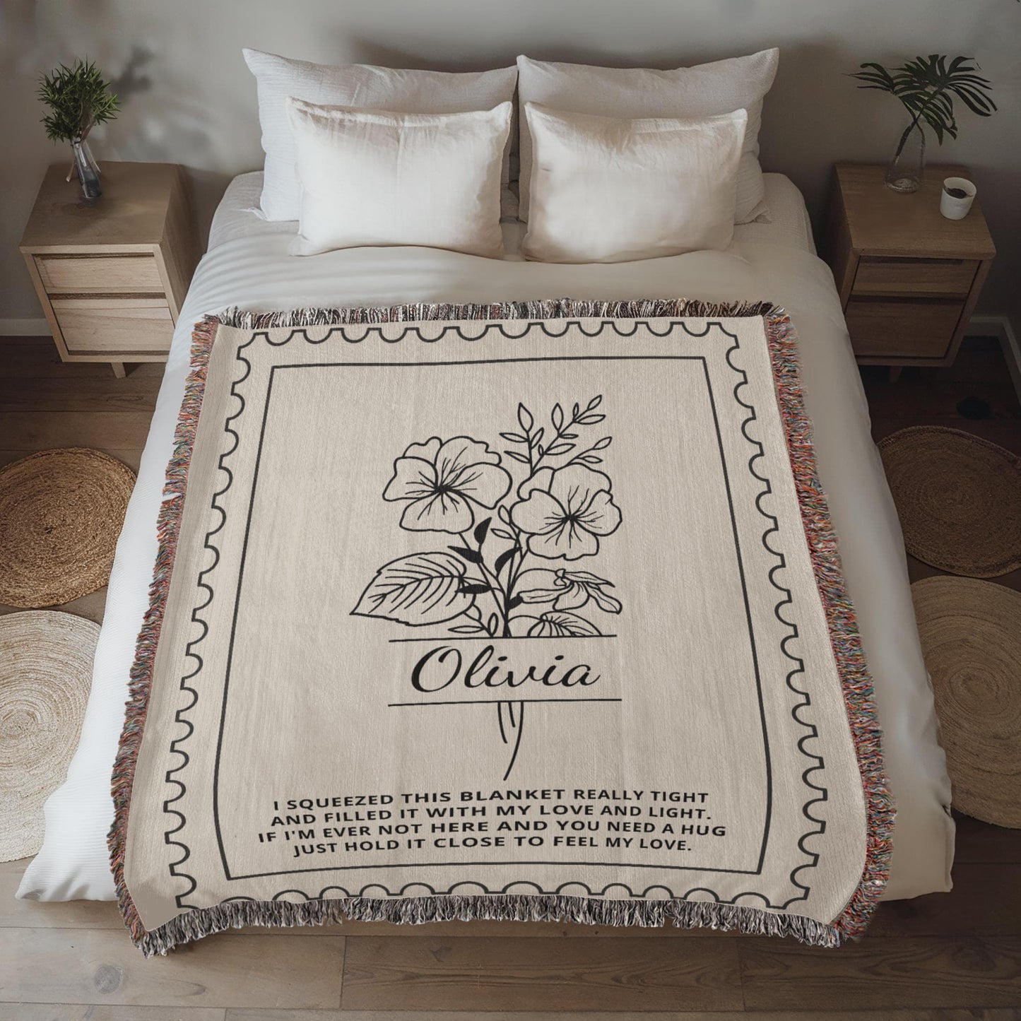 Custom Birth Flower Name Blanket | Personalized Woven Throw for Birthday, Christmas, Mother's Day, Graduation or Anniversary Gift