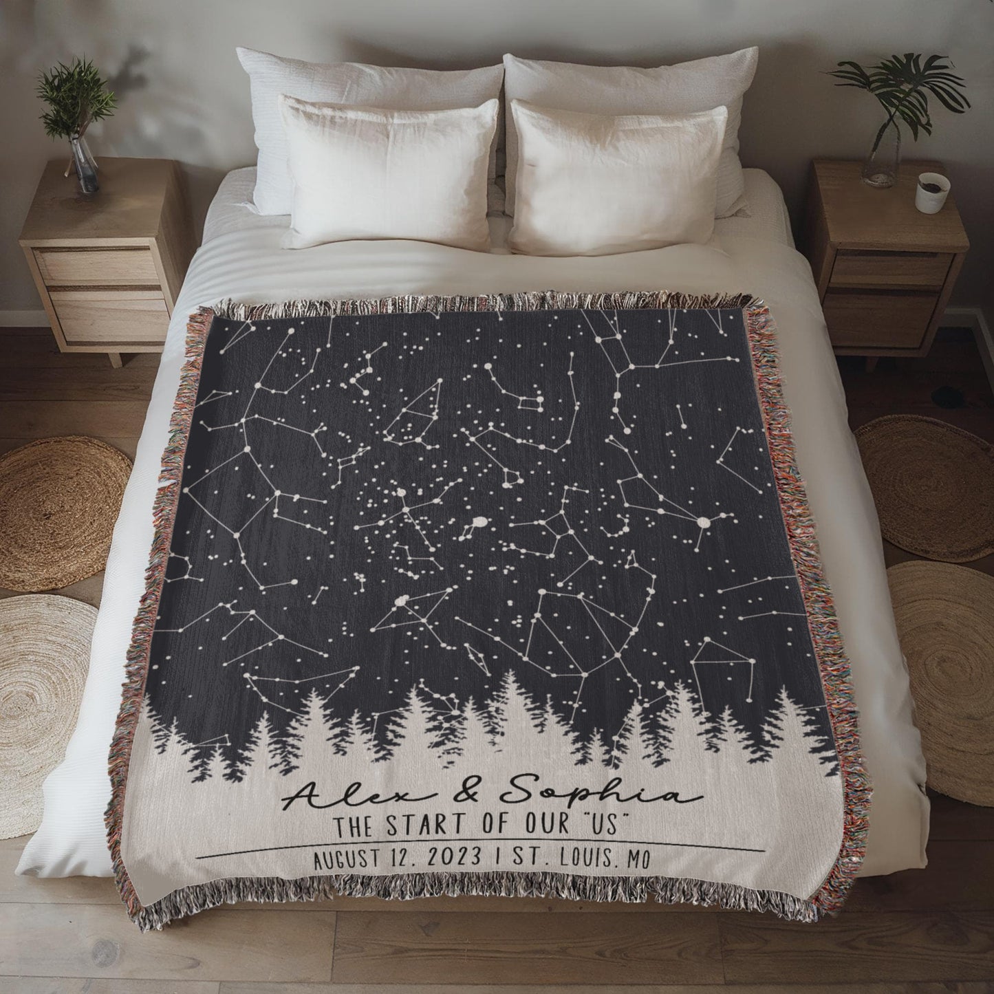 Personalized Wedding Woven Blanket, Custom Star Map Throw with Names, Night Sky Special Date, Outdoors Lovers Gift, Cotton Anniversary Gift