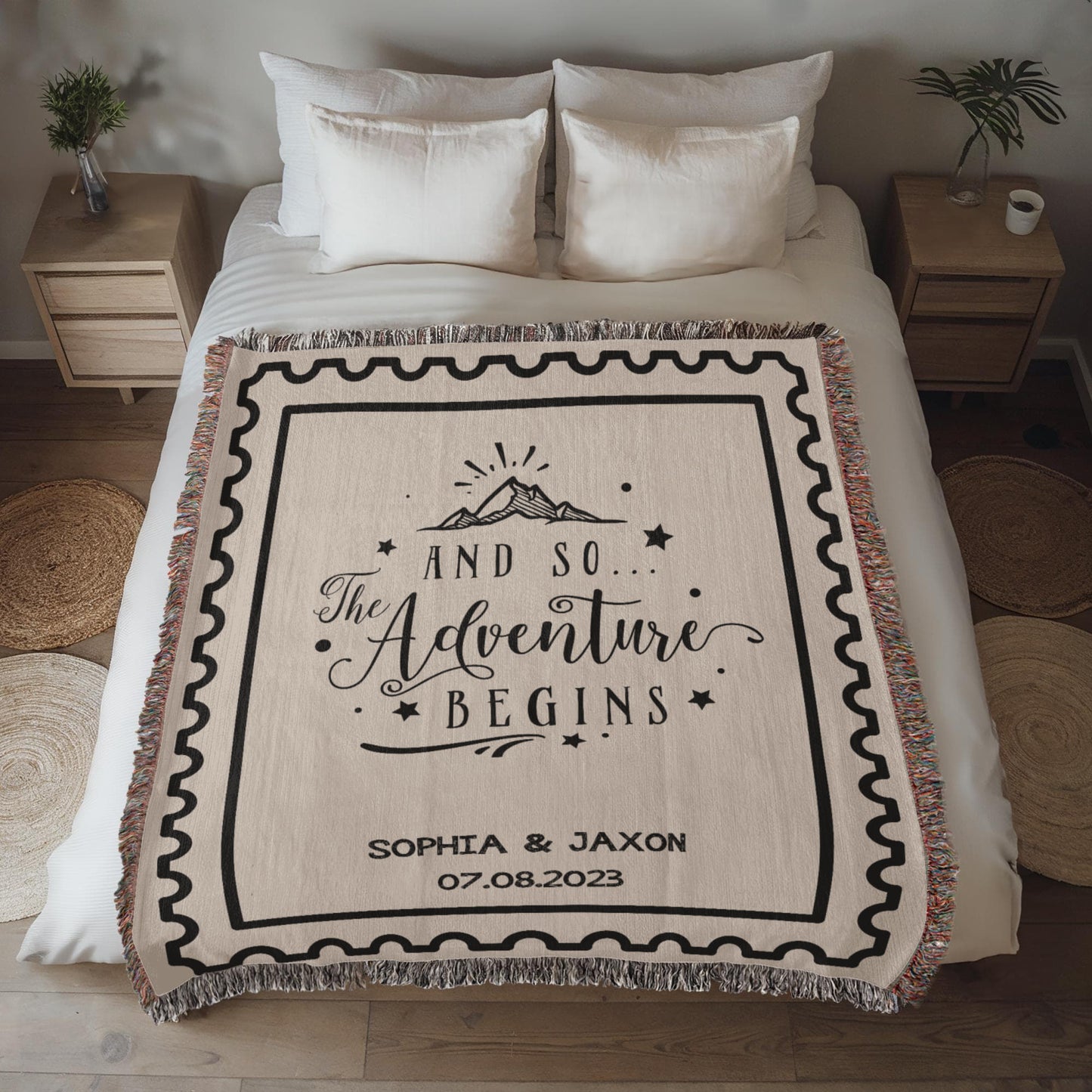 Custom Name and Date Wedding Blanket, Personalized Woven Throw, Hand Drawn Wedding Stamp Gift, Whimsical Couple Keepsake, Wedding Souvenir