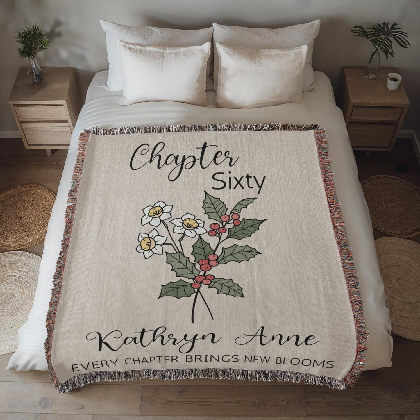 60th Birthday Gift for Women or Men, Chapter 60 Name Blanket, Birth Month Flower Throws, Personalized 60 Years Old Birthday Present