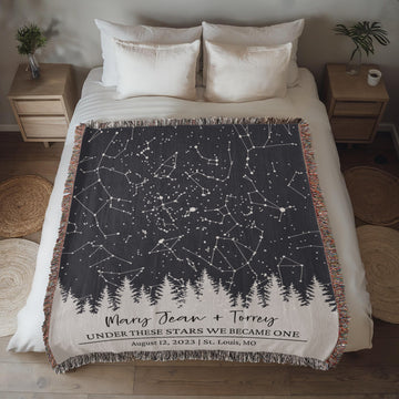 Personalized Wedding Woven Blanket, Custom Star Map Throw with Names, Night Sky, Special Date, Outdoors Lovers Gift, Cotton Anniversary Gift