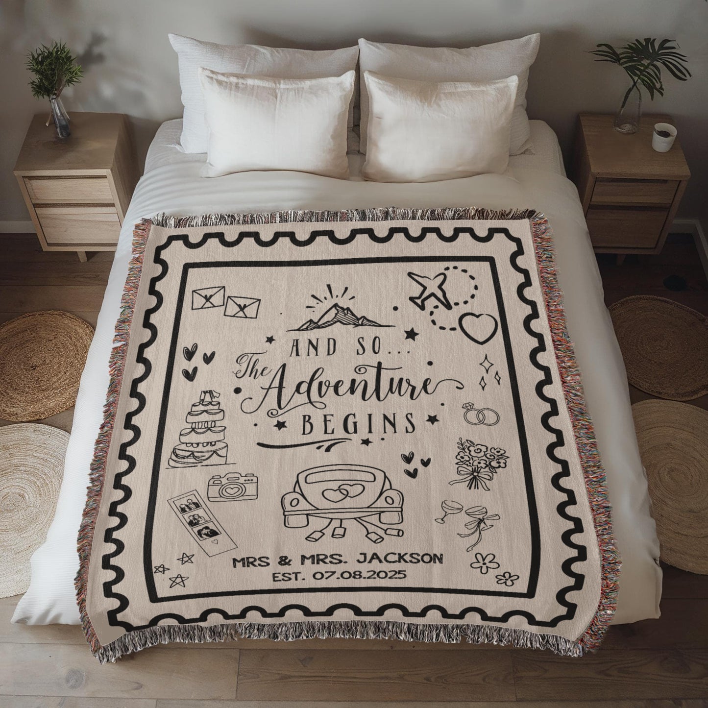 Custom Adventure Lovers Gifts Wedding Blanket, Personalized Woven Throw, Hand Drawn Wedding Stamp Gift, Travel Couple Keepsake, Wedding Souvenir