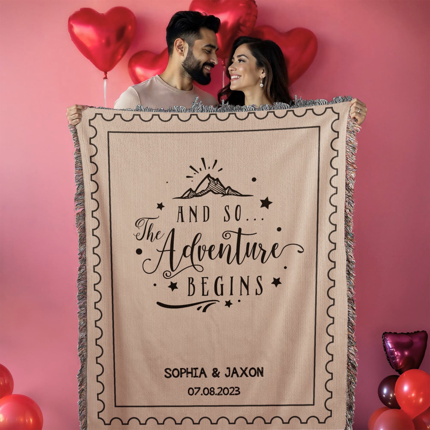 Custom Name Throws Wedding Blanket, Personalized Woven Throw, Hand Drawn Wedding Stamp Gift, Whimsical Couple Keepsake, Wedding Souvenir