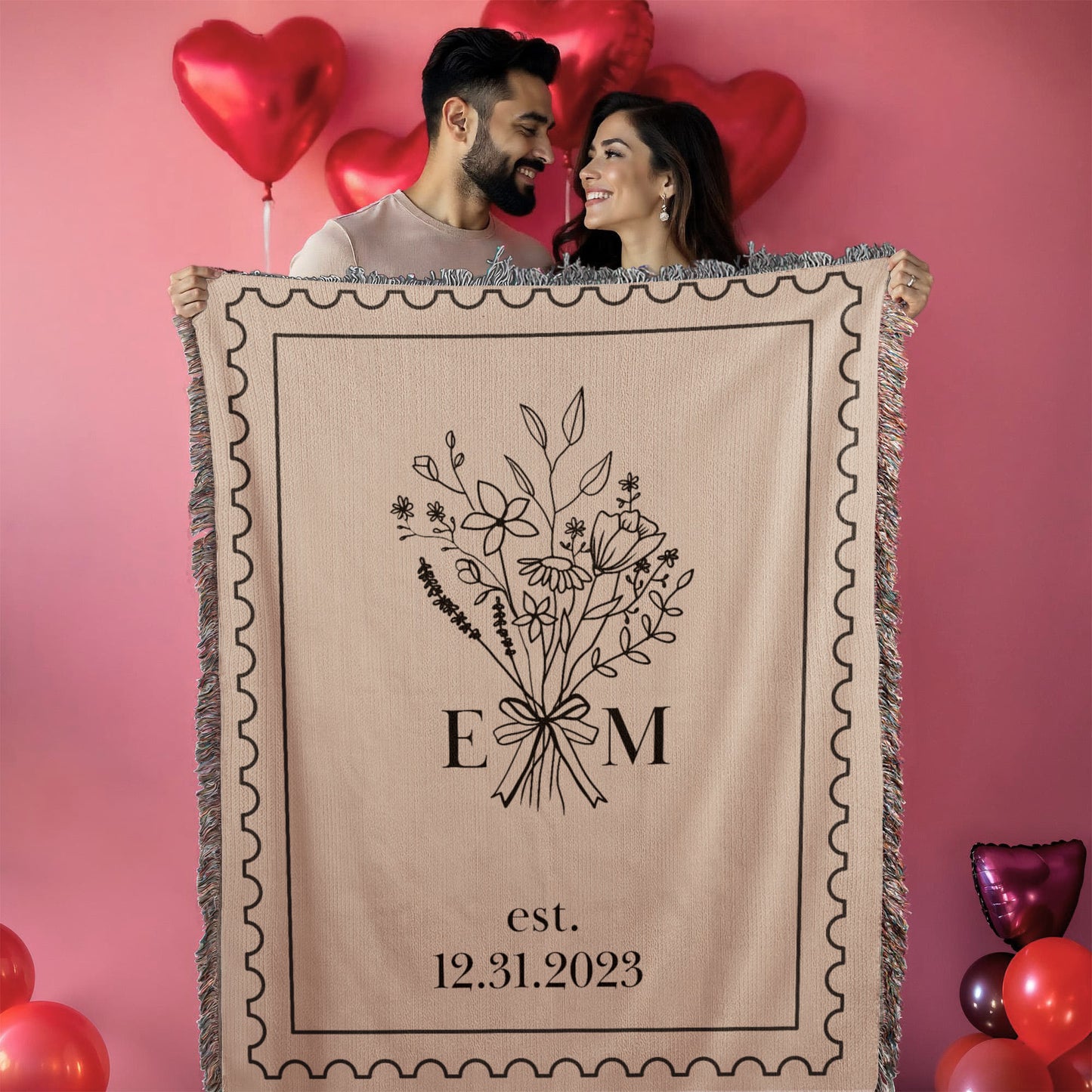 Personalized Cotton Anniversary Blanket | Custom Wedding Throw with Initials & Date | Romantic Christmas Gift for Couples or Wife