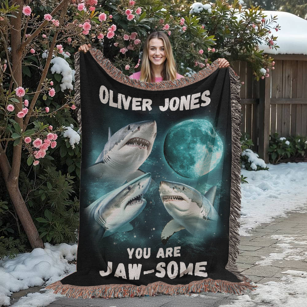 Personalized Shark Blanket, Custom Name Woven Blanket, Ocean Theme Gift for Kids & Teens, Cool Shark Room Decor, Birthday Gift for Boys