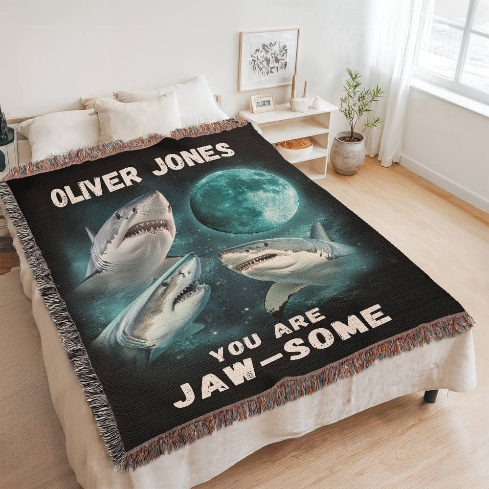 Personalized Shark Blanket, Custom Name Woven Blanket, Ocean Theme Gift for Kids & Teens, Cool Shark Room Decor, Birthday Gift for Boys