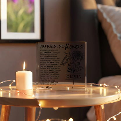 No Rain No Flowers Personalized Birth Flower Name Plaque | Personalized Gift for Daughter, Granddaughter or Niece