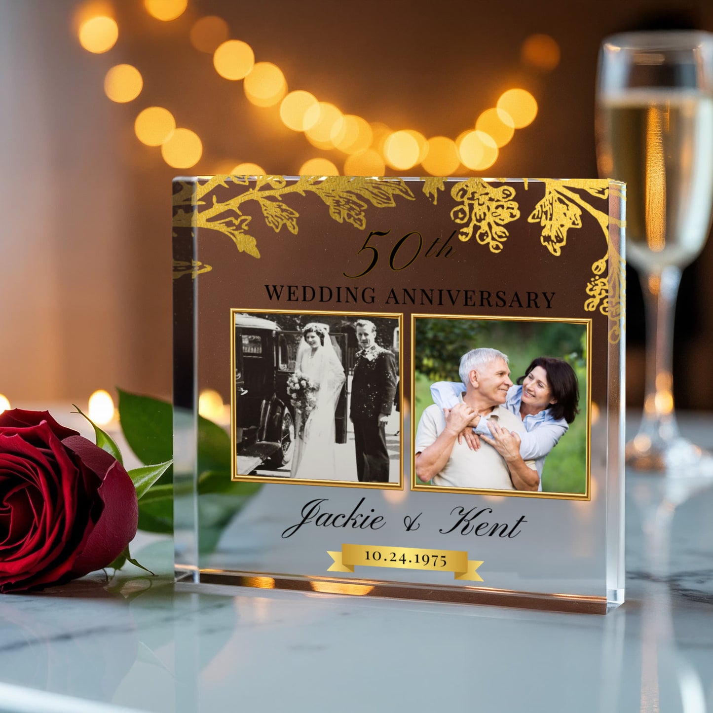 Golden 50th Anniversary Gift, Gold Anniversary Photo Acrylic Plaque Then and Now Picture, 50 Years Anniversary Gifts For Parents, Husband Wife