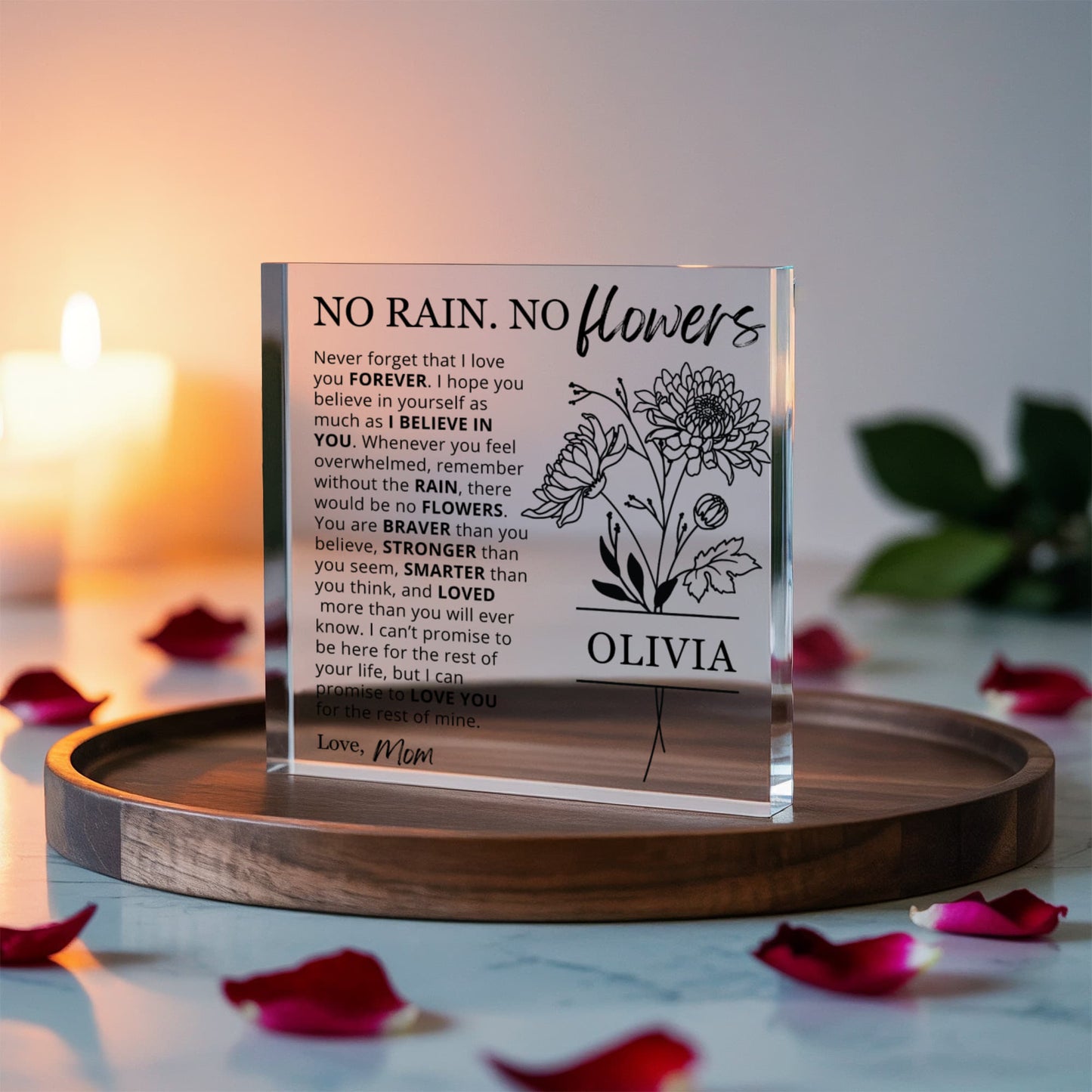 No Rain No Flowers Personalized Birth Flower Name Plaque | Personalized Gift for Daughter, Granddaughter or Niece