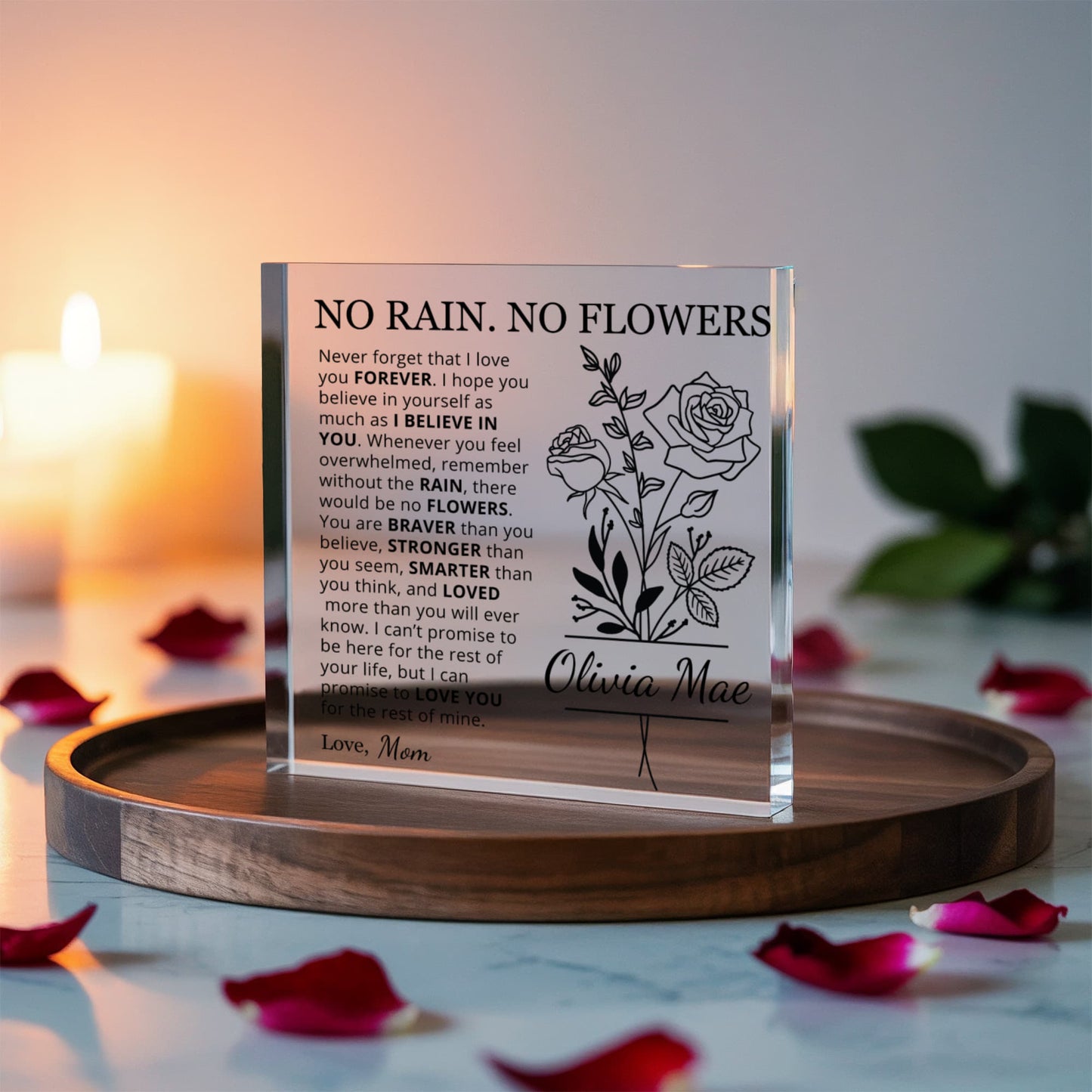 No Rain No Flowers Personalized Birth Flower Name Acrylic Plaque | Sentimental Gift for Daughter or Granddaughter