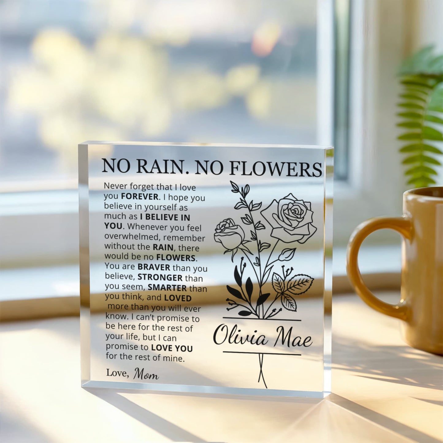 No Rain No Flowers Personalized Birth Flower Name Acrylic Plaque | Sentimental Gift for Daughter or Granddaughter