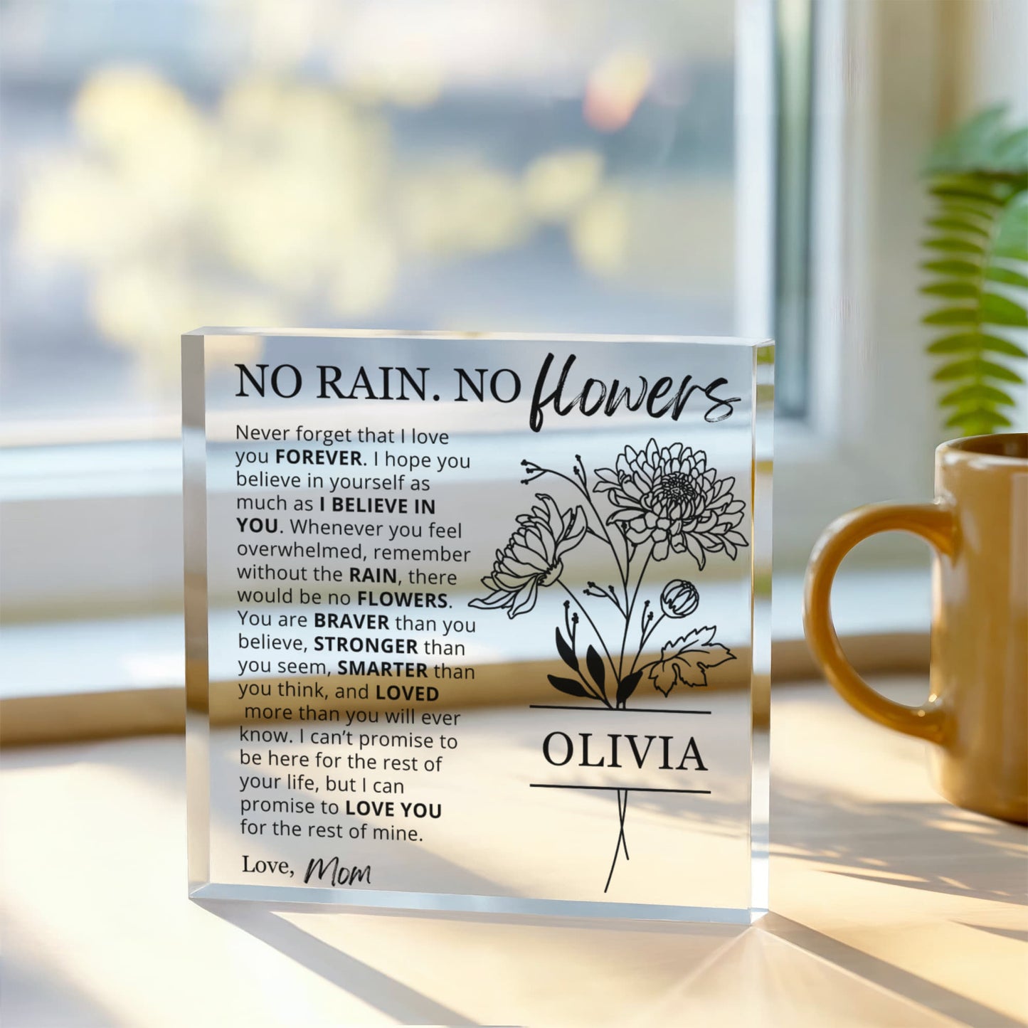 No Rain No Flowers Personalized Birth Flower Name Plaque | Personalized Gift for Daughter, Granddaughter or Niece