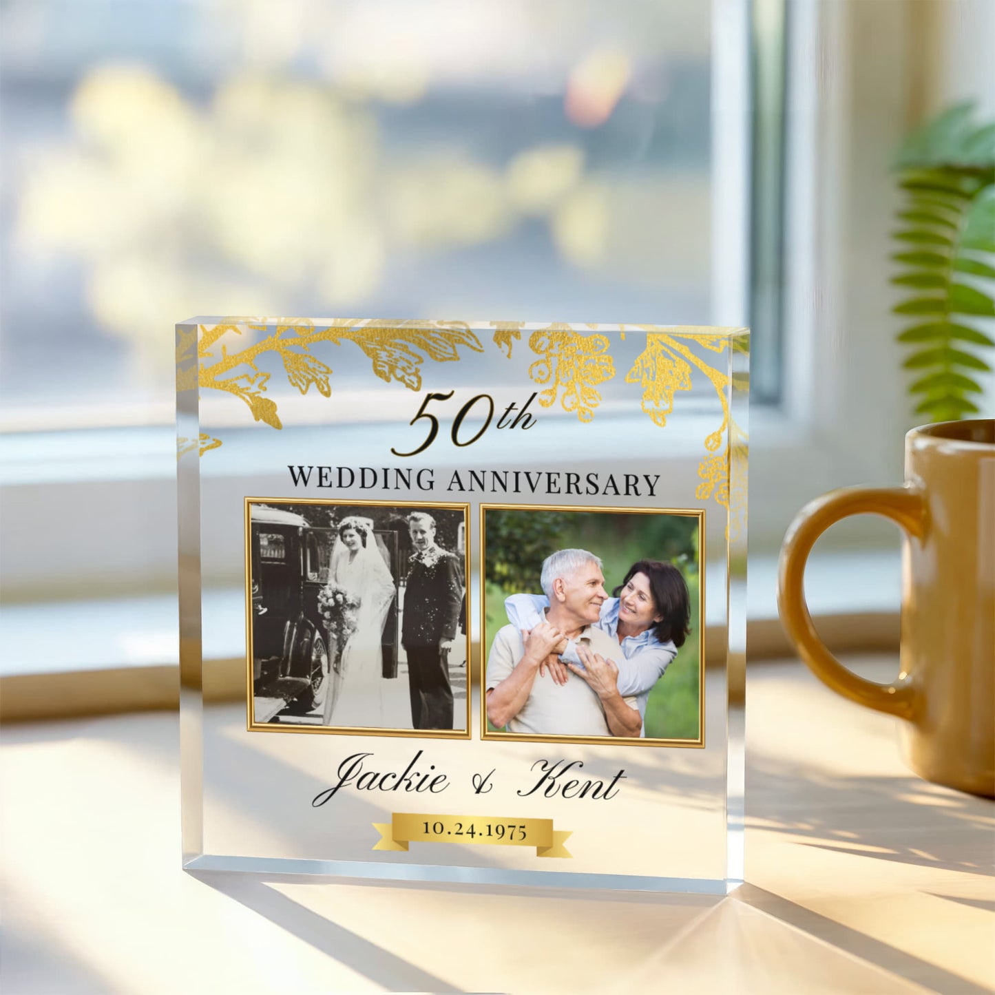 Golden 50th Anniversary Gift, Gold Anniversary Photo Acrylic Plaque Then and Now Picture, 50 Years Anniversary Gifts For Parents, Husband Wife