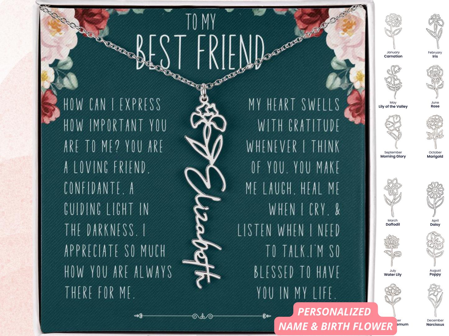 Best Friend Gift Birth Flower Name Necklace Jewelry, Long Distance, Quotes, Friends Forever