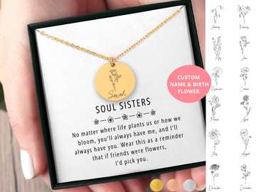 Birthflower Name Necklace Best Friend Gift for Birthday Gift Soul Sister Birthday Gift for Her Gift for Women Friendship Jewelry Gift