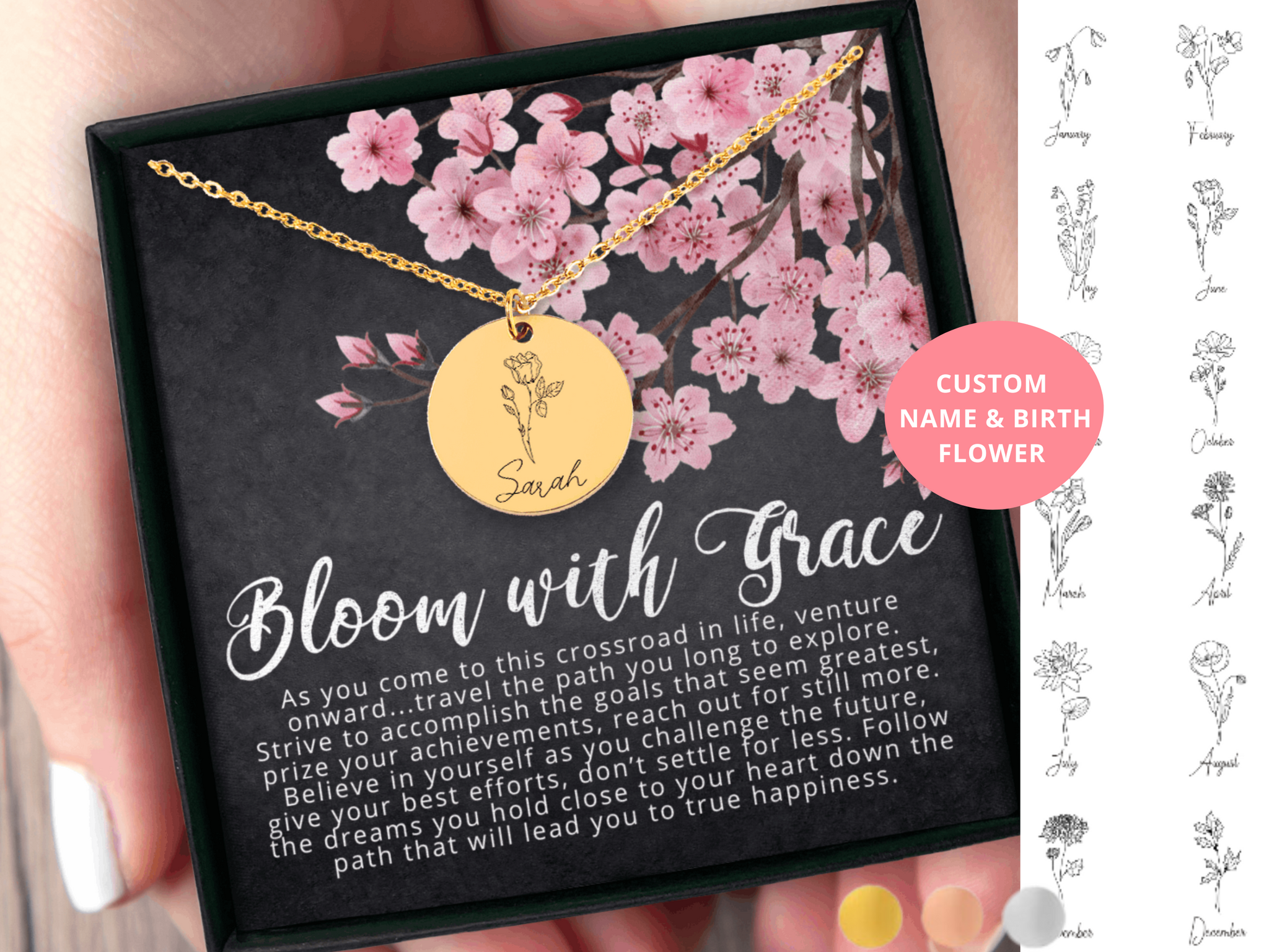 Personalized Graduation Gift Name & Birth Month Flower Floral Necklace