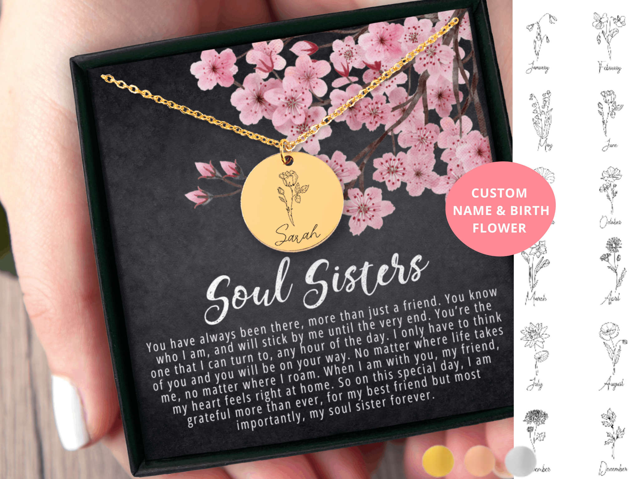 Soul Sister Gift for Her Name & Birth Flower Necklace Bestie Gift