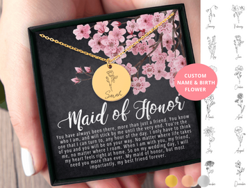 Maid of Honor Gift Name & Birth Flower Necklace Maid of Honor Proposal, Will you be my Maid of Honor, MoH Gift Box