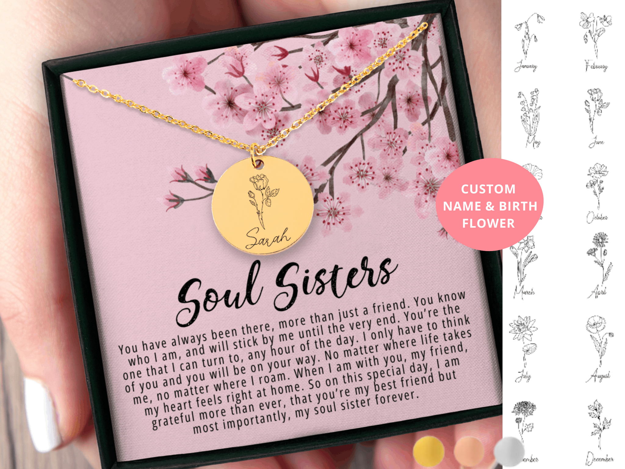 Soul Sister Name & Birth Flower Necklace Soul Sisters Gift for Best Friend