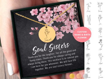 Soul Sisters Best Friend Gift Personalized Name & Birth Flower Necklace