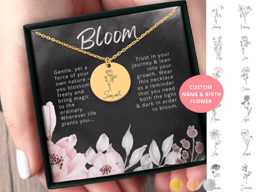 Personalized Birth Flower Name Necklace Encouragement Gift for Her, Inspirational Gift for Women, Graduation and Birthday Gift Ideas