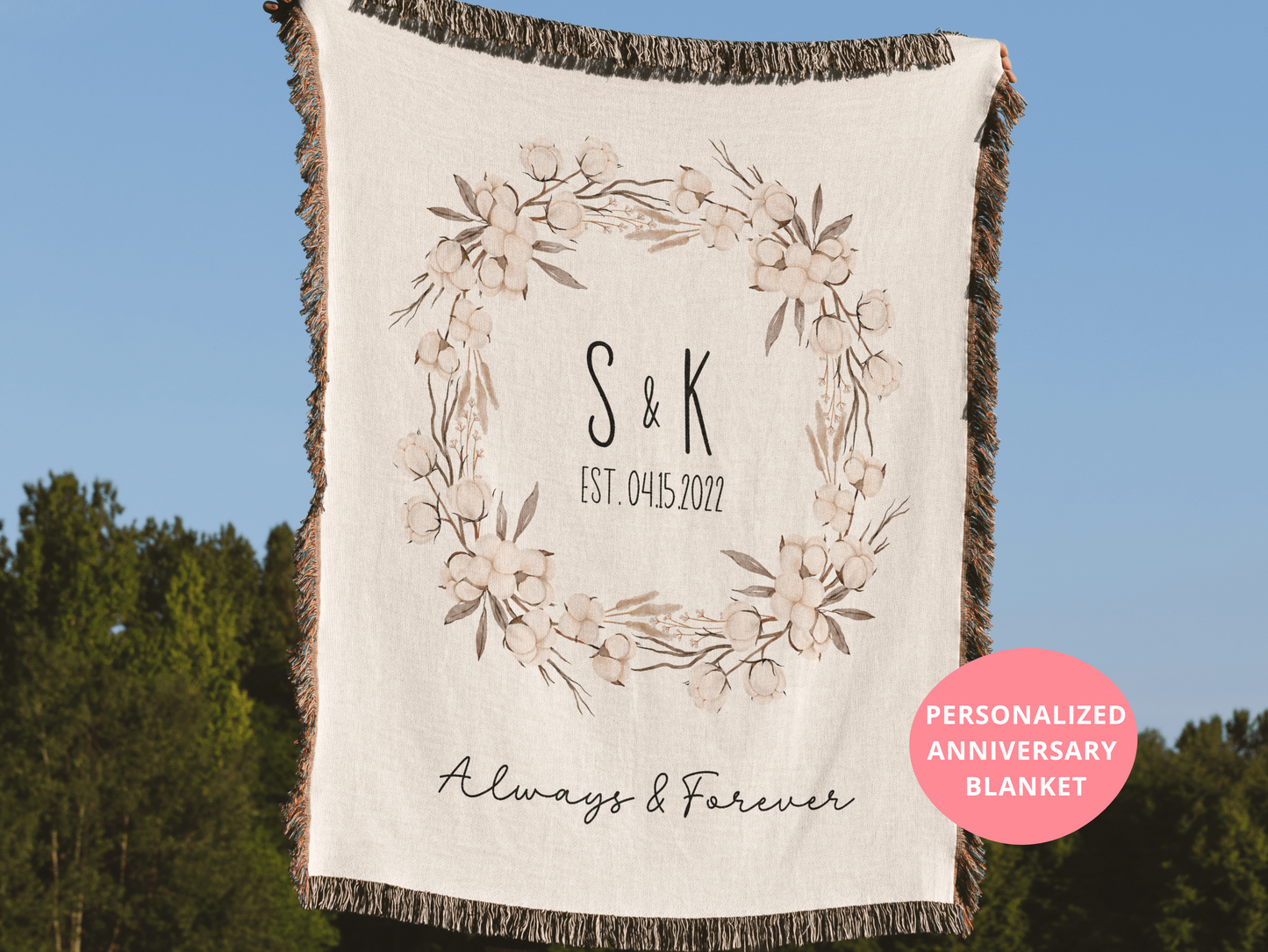 Cotton Anniversary Gift, Personalized His & Hers Initial Blanket, Engagement Gift For Couple, Wild Flowers Wreath Wedding Jacquard Blanket