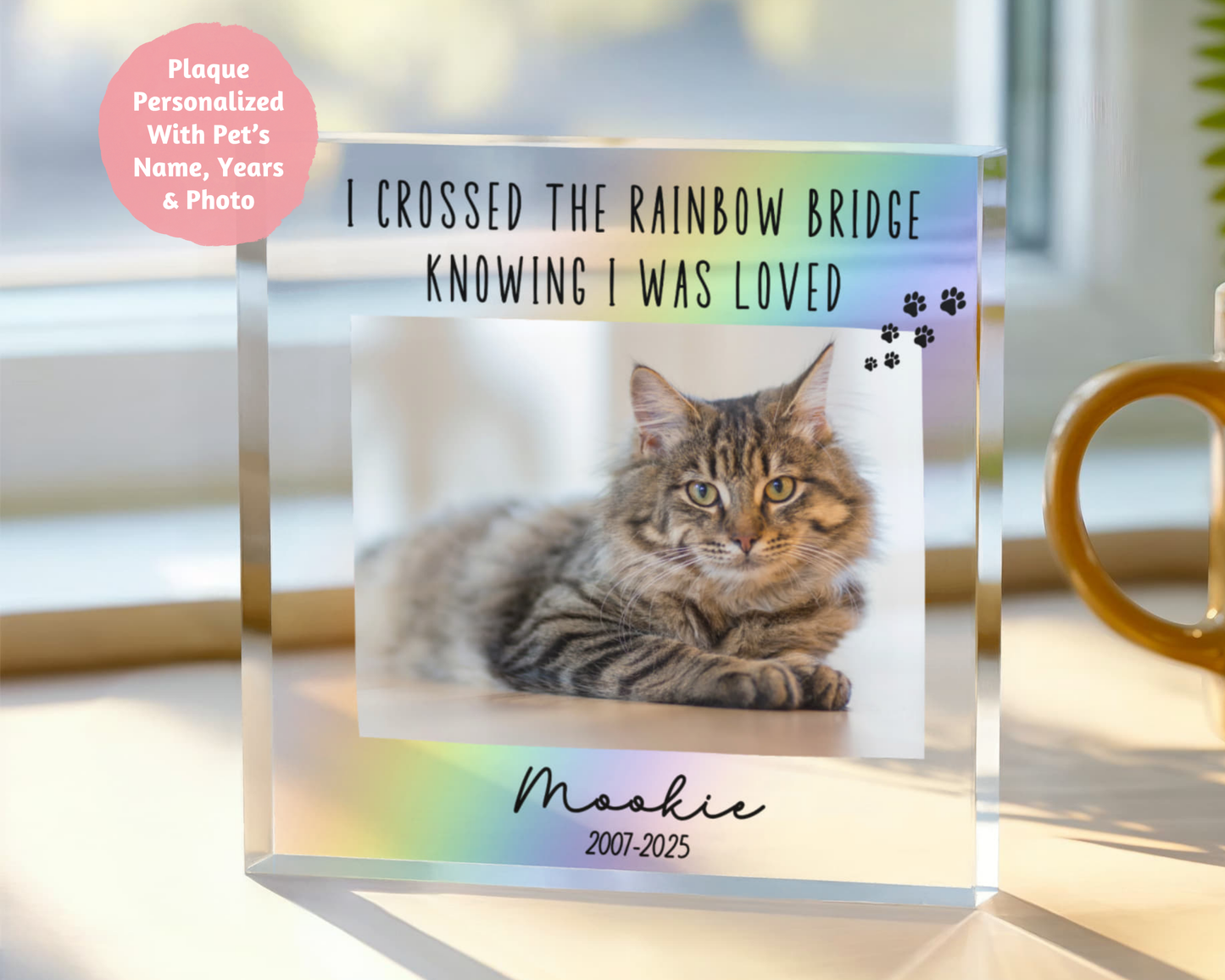 Personalized Pet Memorial Gift - Acrylic Photo Block - Cat or Dog Loss Gift,  Condolence Sympathy Rainbow Bridge