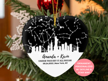 Personalized Star Map Cityscape Ornament | Custom Wedding, Anniversary Gift | Christmas Gift for Husband, Wife, Couples