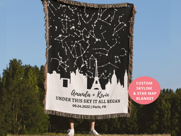 Personalized Anniversary Star Map Blanket - Custom Cotton Heirloom Gift for Christmas, Weddings, Birthdays – 100% Cotton Woven Blanket with City Skyline Design