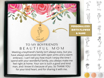 To My Boyfriend's Mom Gift for Her | Personalized Name & Birth Flower Necklace